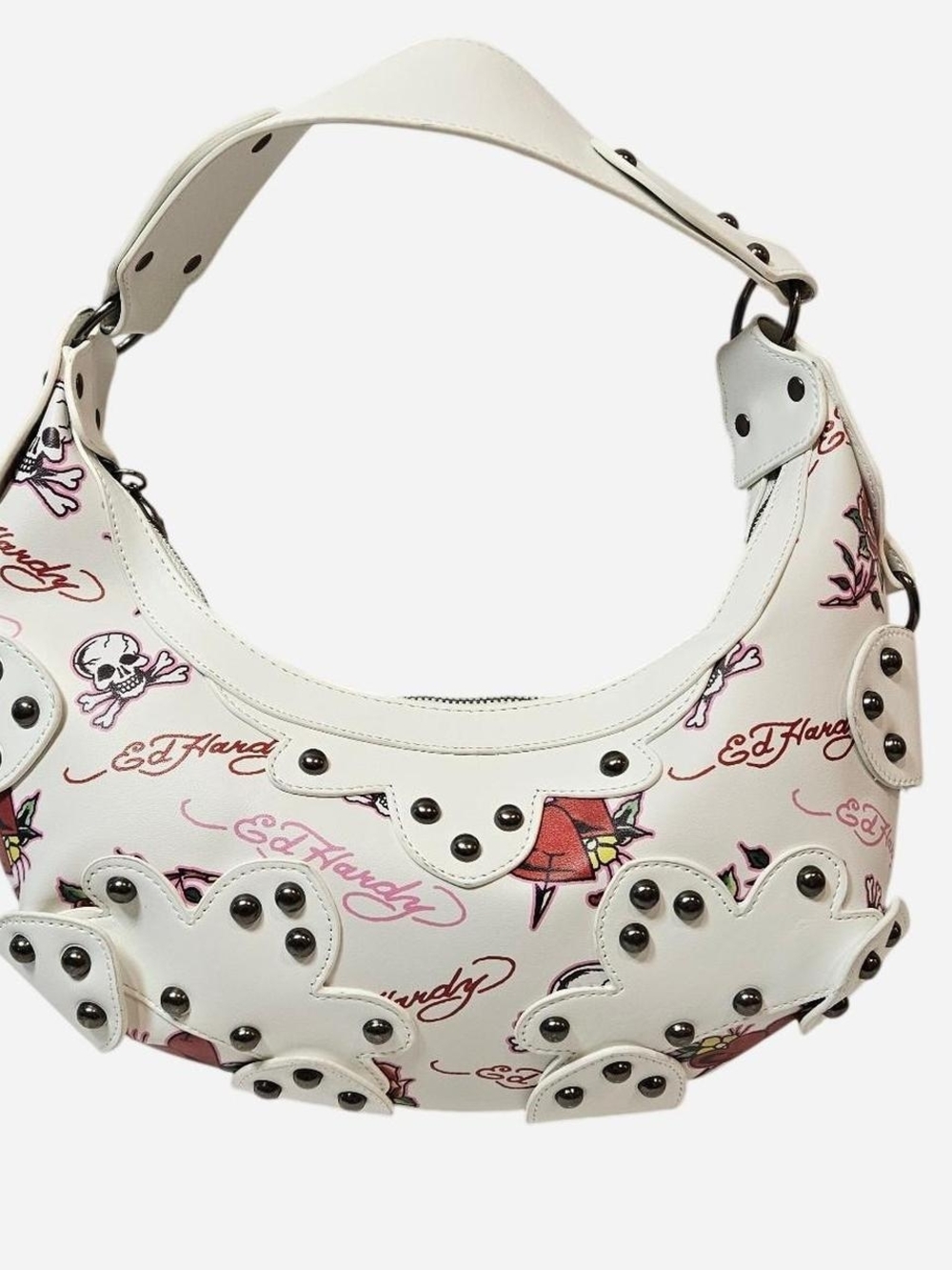 Ed Hardy NWOT White Y2K Shoulder Bag with Logo & Tattoo Motifs Studded Accents